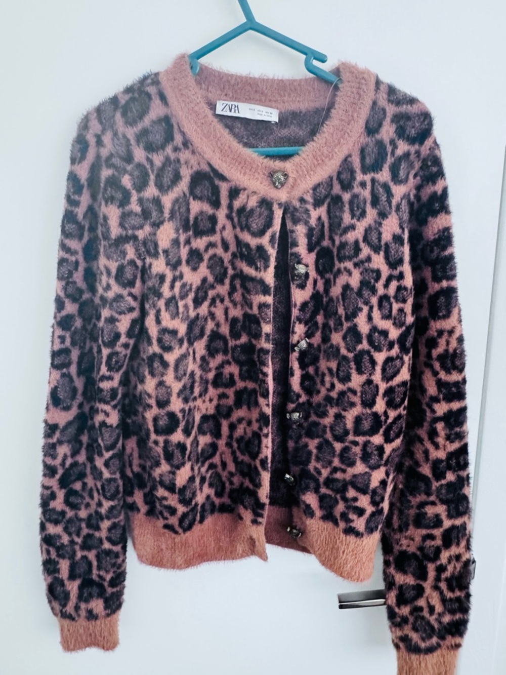 Zara Pink and Black Leopard Fuzzy Cardigan with Leopard head Buttons